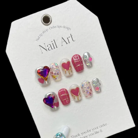 Unghie Finte Fatte a Mano Stile Y2K Sweet Cool Cuore 3D Strass Fiocco Rosa Argento Corte Quadrate Unghie Finte Con Kit