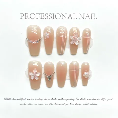 Unghie Finte a Pressione Fatte a Mano Sfumatura Rosa Nudo Fiore 3D Perla Artificial Strass Ballaeruna Lunga ABS per Donna Manicure Dolce
