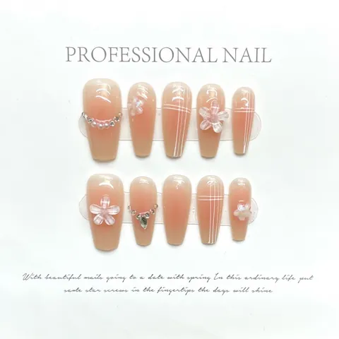Unghie Finte a Pressione Fatte a Mano Sfumatura Rosa Nudo Fiore 3D Perla Artificial Strass Ballaeruna Lunga ABS per Donna Manicure Dolce