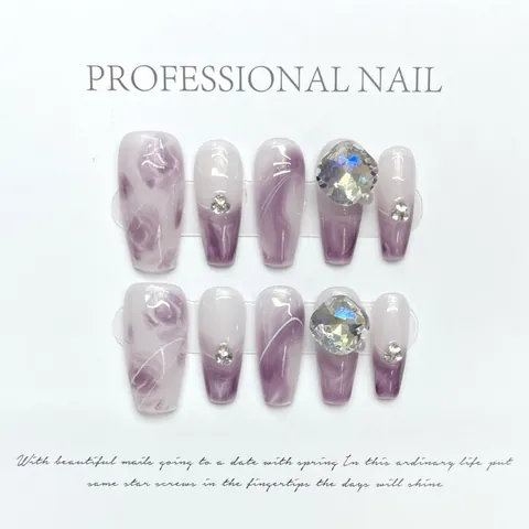 Handmade Purple Marble Press-On Nails Long Coffin Shape Artificial Nails Set Luxury Rhinestone Glossy False Nails For Women