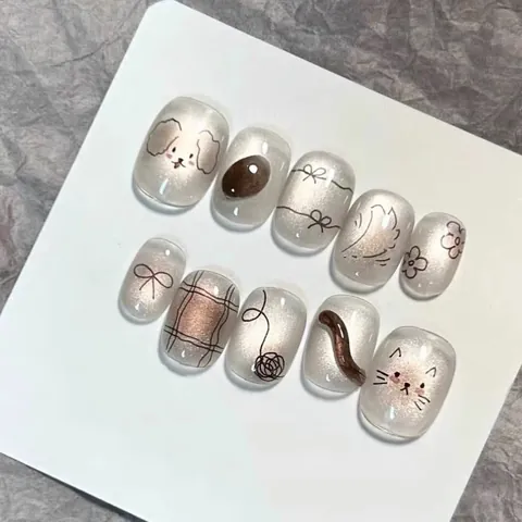 Unghie Finte Press On Artigianali Occhio di Gatto Argento Graffiti Cane Fiocco 3D Fiore Corte Tonde per Donna