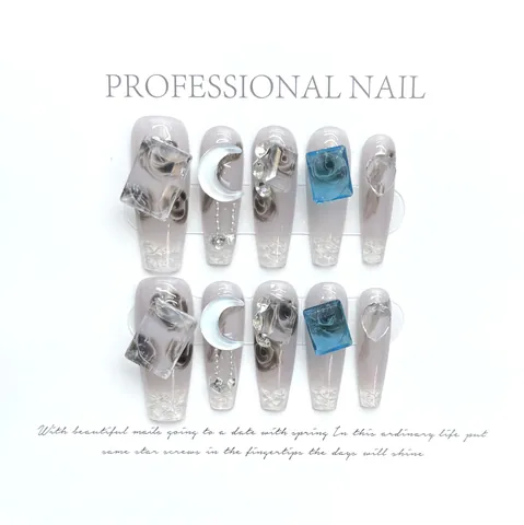 Uñas Postizas a Presión Long Coffin Hechas a Mano Diseño de Mármol Arándano Azul Gris Degradado Con Luna de Aleación y Strass