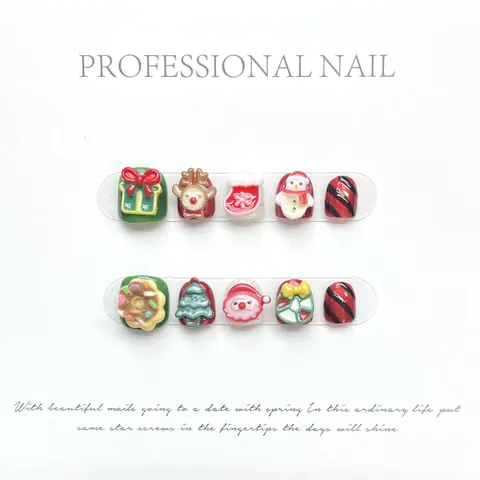 Christmas Cartoon Press On Nails For Kids Resin 3D Santa Snowman Reindeer Pattern Short Festive Red Green Nail Tips For Girls