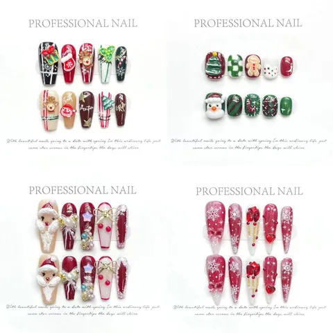 Handmade Christmas Press On Nails Resin 3D Santa Reindeer Design Rhinestone Artificial Pearl Nails For Women Holiday Gift
