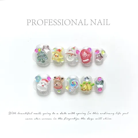 3D Christmas Press On Nails Santa Claus Christmas Tree Reindeer Snowman Design Short Handmade Silver Glitter Fake Nails For Women Festive Party Nail Art