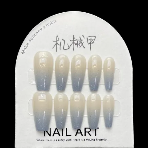 Mechanical Style Milk Blue Gradient Coffin Shape Glitter False Nails Semi-handmade Glossy Finish Nail Art For Women
