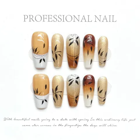 Handmade New Chinese Style Press On Nails Coffin Shape Autumn Maple Leaf Design Gradient Glitter High Gloss Fake Nails