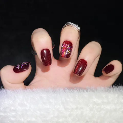 Handmade Wine Red Cat Eye Press On Nails With Colorful Firework Pattern Short Squoval Wearable Fake Nails For Women Daily Decor