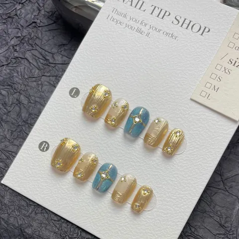 Handgemaakte Vintage Sterrenhemel Plaknagels Luxe Goud Glitter Blauw Strass Kruisster Decoratieve Kunstnagels Voor Dames