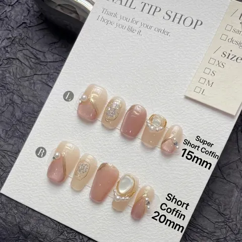 Faux Ongles Faits à la Main Thème Fée de la Lune Oeil de Chat Avec Künstliche Perles Strass Style Français Ongles Coffin pour Femmes