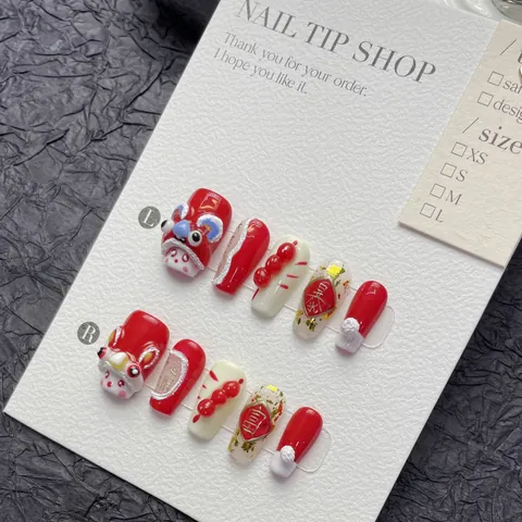 Handmade Chinese New Year Dancing Lion 3D Relief Press On Nails Red Gold Foil Festive Fake Nails Women Manicure Decor