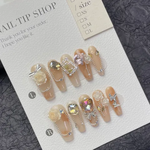Handmade Press On Nails 3D Peony Flower Relief Rhinestone Artificial Pearl Chain Luxury Nude Amber Texture Detachable Long Fake Nails