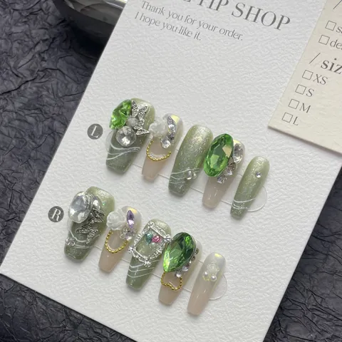 Handmade Press On Nails Green Rhinestone Flower Bowknot Luxury Long Coffin False Nails Reusable Elegant Manicure Set