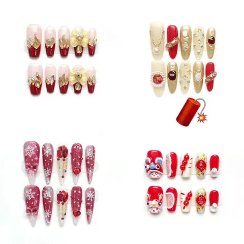 Unghie Finte Fatte a Mano Rosso Oro Strass Cuore 3D Danza del Leone Unghie Finte Festive per Donna Festa Natale Capodanno Decor