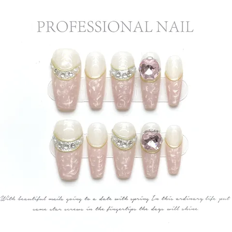 Handgefertigte Sarg Press On Nails Rosa Marmor Design Strass Perlen Dekoration Vergoldet Luxus Künstliche Nägel Damen