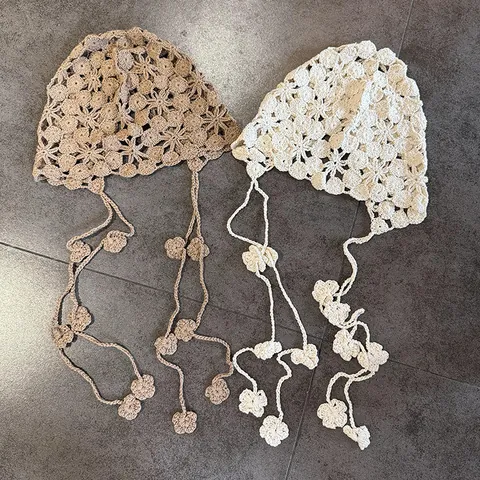 Vintage Handgefertigte Gehäkelte Blumen Bandana Kopftuch Für Damen Ajouré Atmungsaktives Baumwollmischgewebe Strick Kopftuch Mit Quastenblumen Bindeband Japanischer Pastoraler Stil Zubehör