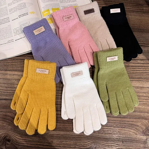Damen Winter Verdickte Strickwolle Handschuhe Warme Vollfinger Handschuhe Mit Mode Buchstaben Patch Touchscreen Für Outdoor Radfahren