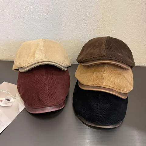 Vintage Corduroy Newsboy Cap For Women Autumn Winter British Style Retro Baker Boy Hat With PU Leather Brim Beret Flat Cap