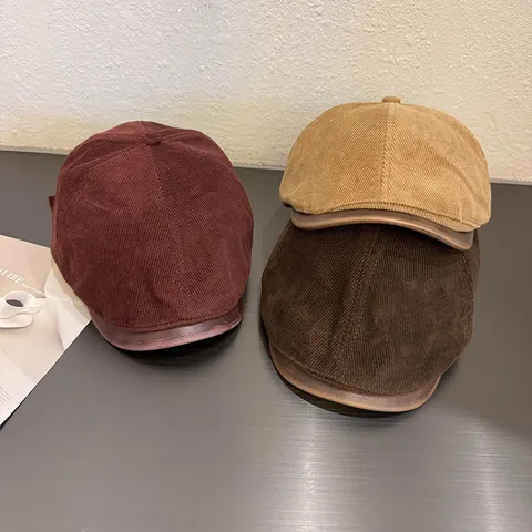 Vintage Corduroy Newsboy Cap For Women Autumn Winter British Style Retro Baker Boy Hat With PU Leather Brim Beret Flat Cap