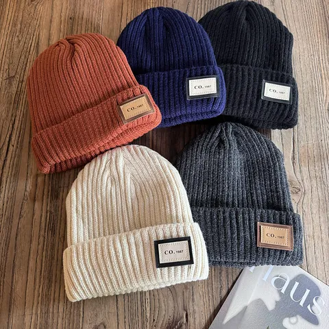 Winter Knitted Beanie For Men Women Korean Style Fleece Lined Warm Ribbed Cuff Thick Windproof Ski Cap With Patch