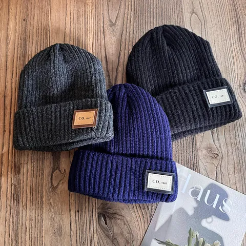 Winter Knitted Beanie For Men Women Korean Style Fleece Lined Warm Ribbed Cuff Thick Windproof Ski Cap With Patch