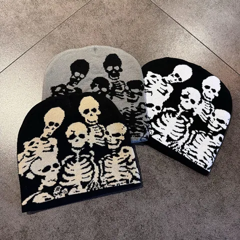 Berretto a Maglia Jacquard con Scheletro di Halloween Motivo a Teschio Gotico Cappello Invernale Caldo per Uomo Donna Festa in Costume