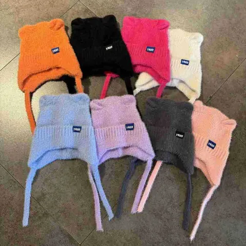 Gorro de Punto para Mujer con Orejas de Gato de Pelo de Visón Sintético Protección para los Oídos Gorro Cálido de Invierno con Correas