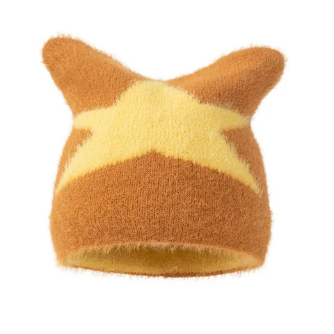 Faux Mink Hair Star Jacquard Knitted Hat Cat Ears Y2K Winter Warm Beanie For Women Girls Sweet Cool Fashion Headwear