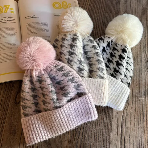 Vintage Houndstooth Knit Beanie Hat With Faux Fur Pom Pom Winter Warm Ribbed Cuff Crochet Skull Cap For Women