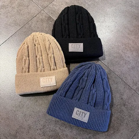 Winter Cable Knit Beanie Hat Thickened Fleece Lined Warm Skull Cap With Letter Patch For Men Women Outdoor Daily Wear