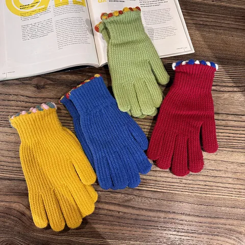 Damen Winter Warme Gestrickte Wollhandschuhe Wellenrand Farbblock Touchscreen Dick Kaltes Wetter Winddicht Outdoor Radfahren Handschuhe