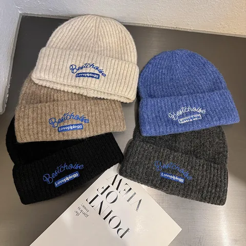 Winter Knitted Beanie Hat For Women Men Wool Blend Warm Ribbed Skull Cap With Letter Embroidery Fashion Casual Headwear