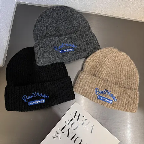 Winter Knitted Beanie Hat For Women Men Wool Blend Warm Ribbed Skull Cap With Letter Embroidery Fashion Casual Headwear