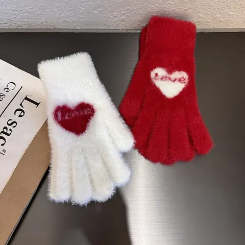 Women's Winter Thickened Warm Imitation Mink Hair Knitted Gloves Cute Love Heart Touch Screen Full Finger Mittens For Riding