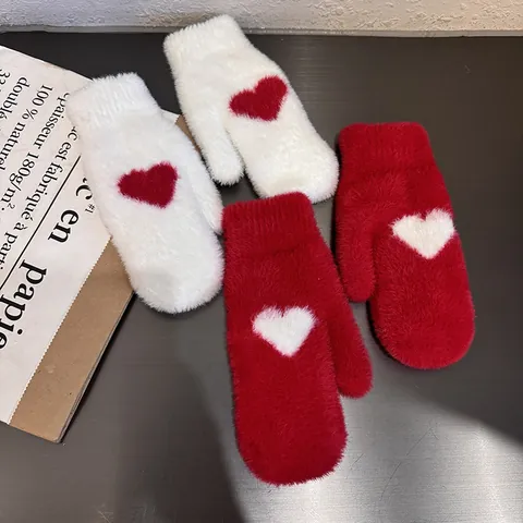 Women's Winter Faux Mink Fur Mittens Heart Pattern Thick Fleece Lined Warm Gloves For Outdoor Cycling Daily Wear Lady