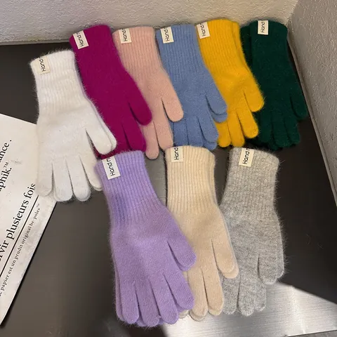 Damen Winter Warm Kaninchenhaarmischung Gestrickte Vollfingerhandschuhe Einfarbig Bonbonfarben Weich Plüsch Modisch Outdoor Handgemacht Etikett Zubehör