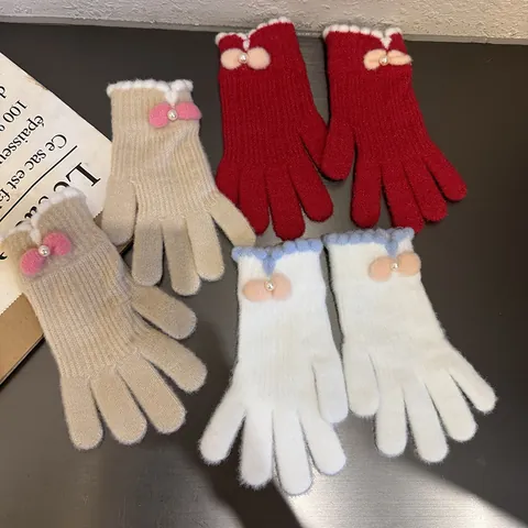 Guanti in Maglia Caldi Invernali da Donna Con Fiocco Carino Guanti a Dita Intere Touchscreen in Velluto di Cristallo Con Perla