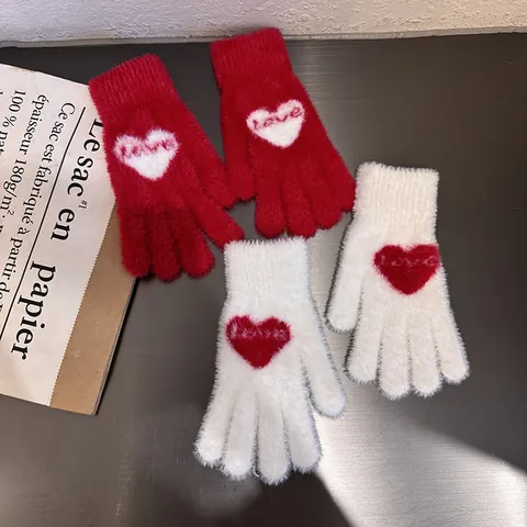Women's Winter Thickened Warm Imitation Mink Hair Knitted Gloves Cute Love Heart Touch Screen Full Finger Mittens For Riding