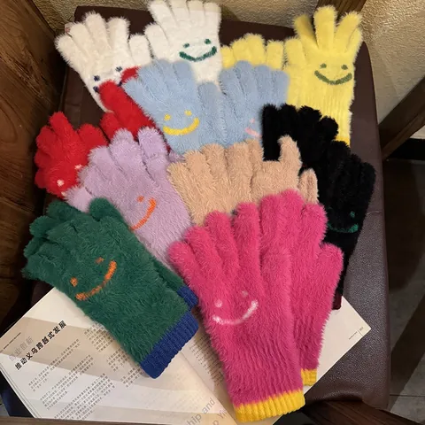 Damen Winter Kunstpelz Warme Handschuhe Süßes Smiley Muster Strickhandschuhe Kontrast Rippbündchen Handschuhe