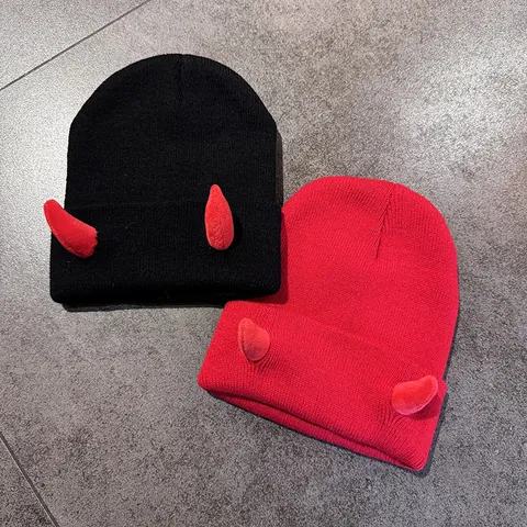 Halloween Hip Hop Orecchie da Diavolo Cappello a Maglia Uomo Donna Divertente Corno di Bue Invernale Caldo Berretto a Costine