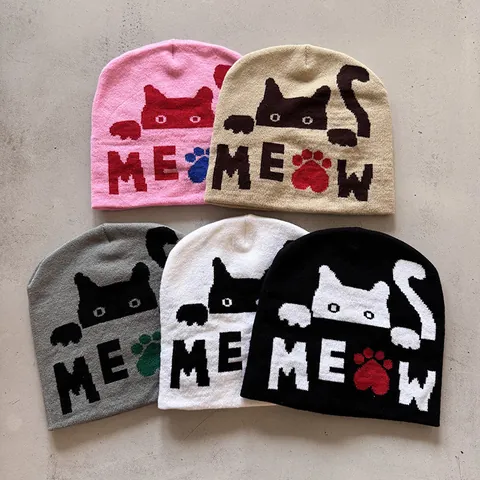 Women's Cat Pattern Jacquard Knit Beanie Hat Autumn Winter Warm Acrylic Pixel Cat Meow Patterned Brimless Skull Cap For Daily Outdoor