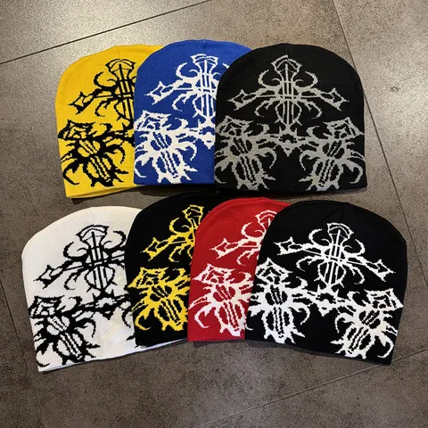 Gothic Cross Jacquard Knit Beanie Hat For Men Women Y2K Streetwear Warm Acrylic Winter Skull Cap Outdoor Fashion Headwear Accessory