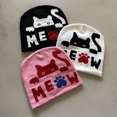 Women's Cat Pattern Jacquard Knit Beanie Hat Autumn Winter Warm Acrylic Pixel Cat Meow Patterned Brimless Skull Cap For Daily Outdoor