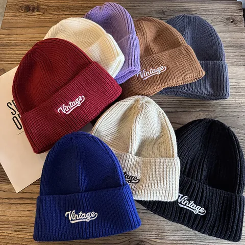 Unisex Vintage Letter Embroidery Knitted Beanie Hat Warm Ribbed Winter Cold Cap For Men Women Casual Outdoor Fashion Accessory