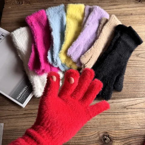 Damen Winter Handschuhe Warm Nerzimitat Touchscreen Weich Plüsch Dick Gestrickt Einfarbig Outdoor Thermo Fingerhandschuhe Geschenk