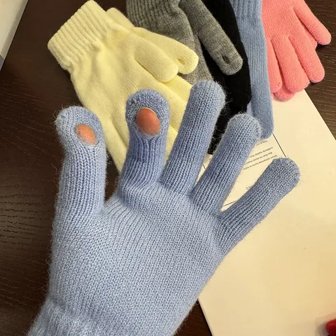 Damen Winter Warm Gestrickte Baumwollmischung Handschuhe Touchscreen Öffnung Gerippte Manschette Fingerlos Solide Farbe Fäustlinge