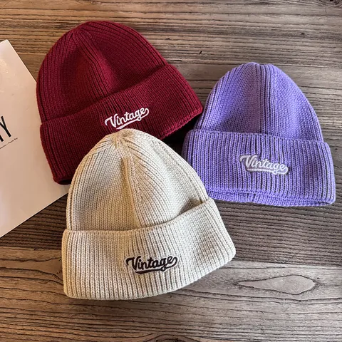 Unisex Vintage Letter Embroidery Knitted Beanie Hat Warm Ribbed Winter Cold Cap For Men Women Casual Outdoor Fashion Accessory