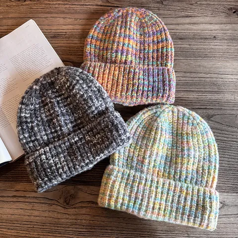 Women Winter Warm Knit Beanie Hat Acrylic Gradient Ribbed Fold Over Cuff Soft Mixed Color Outdoor Daily Fashion Headwear