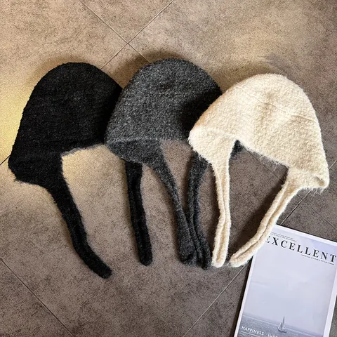 Korean Style Knitted Balaclava Earflap Hat With Ties Boucle Yarn Warm Winter Beanie For Women Fashion Solid Color