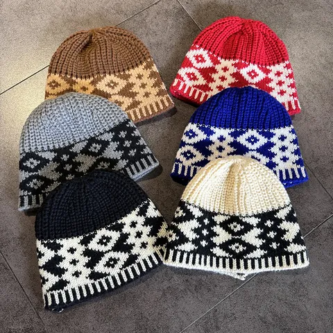 Vintage Jacquard Knit Beanie Hat For Men Women Retro Geometric Pattern Warm Winter Fisherman Skull Cap Autumn Headwear